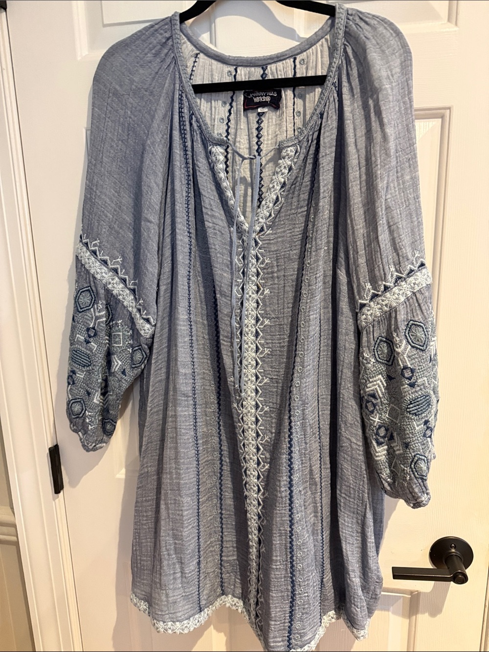 Light  Grey Embroidered Boho Women’s Tunic Top - Cotton Gauze